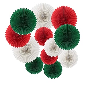 masti zone pack of 6 red and white and green colour tissue paper  hanging paper fan for christmas new year wedding party decoration item