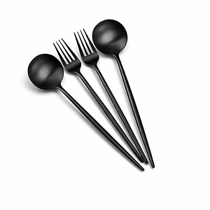 matte black spoon and fork set  4-piece stainless steel cutlery set with round head spoons  modern flatware for dining gifting amp table decor  dishwasher safe amp rust resistant