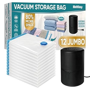 matteasy polyethylene vacuum storage bags with electric air pump 12 jumbo 394x275in space saver sealed for clothes comforters blankets bedding black white