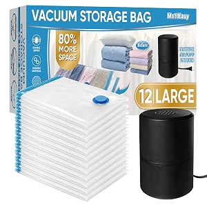 matteasy polyethylene vacuum storage bags with electric air pump 12 large 335x217in space saver sealed for clothes comforters blankets bedding black white