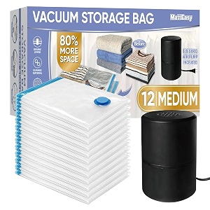 matteasy polyethylene vacuum storage bags with electric air pump 12 medium 275x19 5in space saver sealed for clothes comforters blankets bedding pump black white