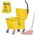 Matthew Cleaning 34 Quart Commercial Mop Bucket INCL.Wet String Mop with Side Press Wringer On Wheels,Heavy Duty Tandem Portable Floor Cleaning Wavebrake,Ideal for Household,Industrial,Restaurant