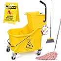Matthew Cleaning 44Quart Commercial Mop Bucket INCL.Wet String Mop& 19'' Industrial Wet Floor Sign with Side Press Wringer On Wheels,Tandem Portable Floor Cleaning Wavebrake,Ideal for Household