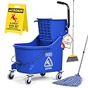 Matthew Cleaning Blue 44Quart Commercial Mop Bucket INCL.Wet String Mop&amp; 19'' Industrial Wet Floor Sign with Side Press Wringer On Wheels,Tandem Portable Floor Cleaning Wavebrake,Ideal for Household