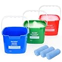 Matthew Red&Green&Blue Detergent and Sanitizing Cleaning Bucket 8 Quart Cleaning Pail,Set of 3 Square Containers,Built-In Spout w/Handle,Wash Rinse Sanitize Handwash Bucket,Incl.3Pcs Microfiber Cloths