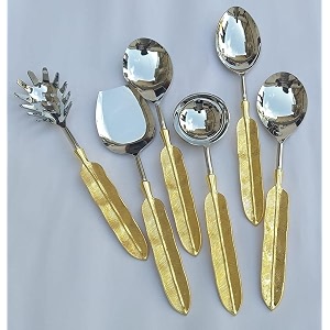 maverics 6-piece stainless steel serving spoon set with maverics led-free brass handle in a black box