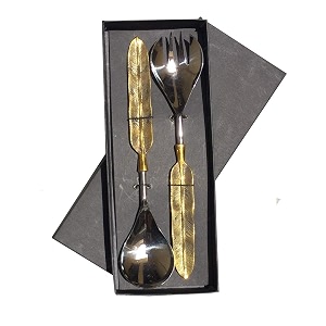 maverics lead-free brass leaf serving spoon amp fork set 2 pieces elegant brass serving set for kitchen amp dining ideal for gifting parties amp home use