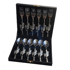 maverics aluminium leaf handle cutlery set  elegant serving spoon fork combo  12 pieces tableware for dining buffet parties kitchen use gift pack  durable lightweight finish set