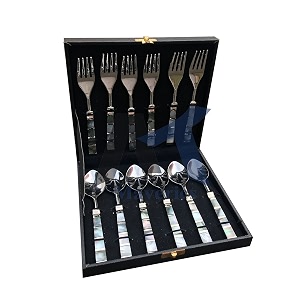 maverics black mother of pearl single design stainless steel set of 6 serving spoon and 6 serving fork cutlery set