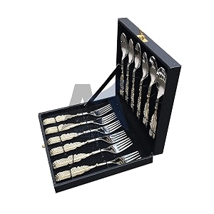 maverics brass leaf handle cutlery set  12-piece premium serving spoon amp fork set  handcrafted brass leaf design  elegant stainless-steel serveware for dining kitchen amp gifting