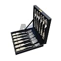 Maverics Brass Leaf Handle Cutlery Set – 12-Piece Premium Serving Spoon &amp; Fork Set | Handcrafted Brass Leaf Design | Elegant Stainless-Steel Serveware for Dining, Kitchen &amp; Gifting