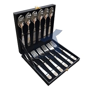 maverics classic cutlery set with mother of pearls amp beautiful packing 12 pieces set of 6 dinner spoon and 6 serving fork  home wedding amp corporate diwali gift