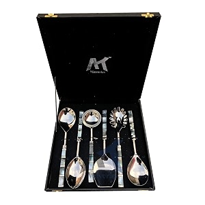 maverics designer brass seep handle spoon set 6-piece with mother of pearl in black box - gift boxed