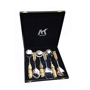 maverics exquisite 6-piece pure brass leaf handle serving spoon set in gold handmade with love elegant black gift box included