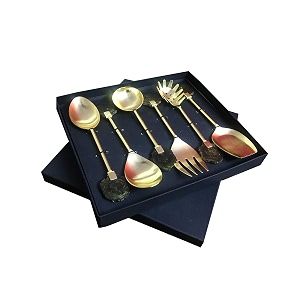 maverics gold polished classique serves designer serving spoon set gift box  flatware cutlery brown raisin coaster handle design  made with brass  set of 6