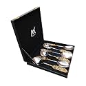 Maverics Gold Polished Classique Serves Designer Serving Spoon Set Gift Box | Flatware Cutlery Golden Feather Antique Handle Design | Made with Brass | Set of 6