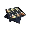 Maverics Gold Polished Classique Serves Designer Serving Spoon Set Gift Box | Flatware Cutlery Brown Raisin Coaster Handle Design | Made with Brass | Set of 6