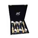 Maverics Exquisite 6-Piece Pure Brass Leaf Handle Serving Spoon Set in Gold, Handmade with Love, Elegant Black Gift Box Included