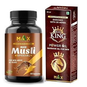 max ayurveda musli special for 45 men amp king ayurvedic massage oil - combo 30 capsules  1 oil bottle