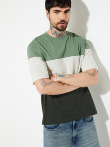 MAX Colorblock Men Round Neck Green T-Shirt