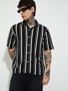 MAX Men Striped Casual Black Shirt