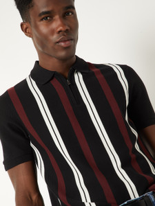 MAX Striped Men Polo Neck Black T-Shirt