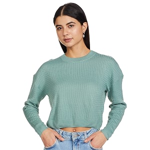 max women geometric drop shoulder acrylic round neck sweater