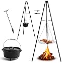 Maxdot Camping Tripod Dutch Oven for Camp Fire Cooking Equipment, 4 Quart Cast Iron Dutch Oven with Lid, Adjustable Height Tripod Campfire Lantern Hanger, Grill Grate, Cap Remover for over Fire Pit
