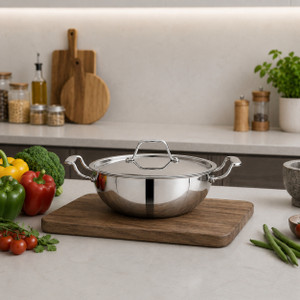 maxima triply stainless steel induction friendly kadhai with lid 75 l kadhai 34 cm diameter with lid 75 l capacity triply stainless steel induction bottom