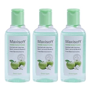 maxisoft hand sanitizer gel  kills 999 germs without water  kills germs instantly non sticky gentle on hands  refreshing natural fragrance green apple 100 ml - pack of 3