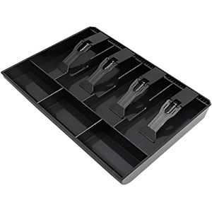 maxive cash drawer insert tray black plastic currency organiser with 5 bill compartments 4 coin sections and strong spring clips 32x245x35 cm