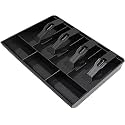 MAXIVE Cash Drawer Insert Tray, Black Plastic Currency Organiser with 5 Bill Compartments, 4 Coin Sections and Strong Spring Clips, 32x24.5x3.5 cm