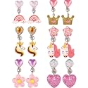 MAYCREATE® 7 Pairs Earinging for Girls Stylish Clip On Earrings for Non Pierced Ears Kids Earrings for Girls Color Resin Crystal Earrings Jewelry Pretend Play Party Favor Dressing Up Jewelry