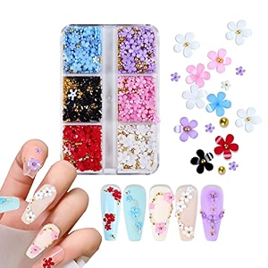 maycreate 3d flower nail art charms with golden beads nail charms kit 6 colors flowers nail rhinestones kit crystal nail pearls flat design acrylic nail art studs manicures accessories