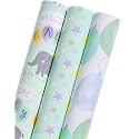 MAYPLUSS Baby Shower Wrapping Paper - 17" X 120" Per roll - Cute Little Boy Green Elephant Animal Design Birthday Joyful Celebration Gift Wrapping Paper for Baby Shower, Party, New Baby Birth