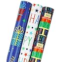 MAYPLUSS Blue Birthday Wrapping Paper Roll - 17 X 120 Inch - Colorful Happy Lettering, Cake, Gift Box Pattern for Kid Boys Party, Baby Shower, Holiday