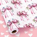MAYPLUSS Pink Bow Wrapping Paper Roll, Girl Birthday Wrapping Paper, Reversible Girly Feminine Pink Gift Wrap with Bow Print for Baby Shower, Christmas, Valentine's Day, Mother's Day (17 In X 16.5 Ft)