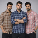 MBF66 Men Checkered Casual Brown Blue Pink