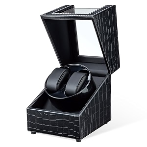 mcbazel watch winder for automatic watches double automatic watch winder box with quiet japan-made motor 2 slots watch display storage rotation wrist watch box black crocodile pattern leather