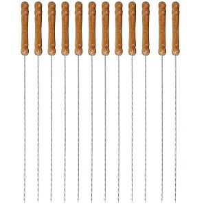 stainless steel wide reusable bbq barbecue metal flat skewers stick with nonslip wood handle for paneer tikka meat kabab shrimp chicken vegetable outdoor cooking grilling pack of 12