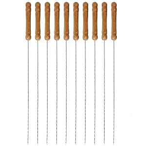 stainless steel wide reusable bbq barbecue metal flat skewers stick with nonslip wood handle for paneer tikka meat kabab shrimp chicken vegetable outdoor cooking grilling pack of 10