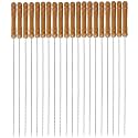 Stainless Steel Wide Reusable BBQ Barbecue Metal Flat Skewers (Stick) with Nonslip Wood Handle for Paneer Tikka, Meat, Kabab, Shrimp, Chicken, Vegetable, Outdoor Cooking, Grilling, Pack of 20