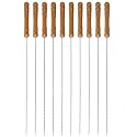 Stainless Steel Wide Reusable BBQ Barbecue Metal Flat Skewers (Stick) with Nonslip Wood Handle for Paneer Tikka, Meat, Kabab, Shrimp, Chicken, Vegetable, Outdoor Cooking, Grilling, Pack of 10