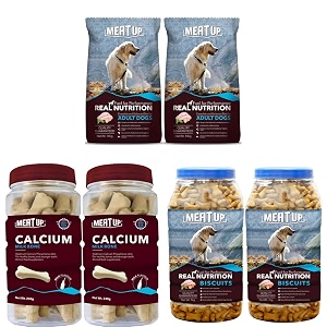 meat up adult dog food 10 kg buy 1 get 1 free amp chicken flavour real chicken biscuit 1kg amp calcium bone jar dog supplement treats - 240 g 30 pieces