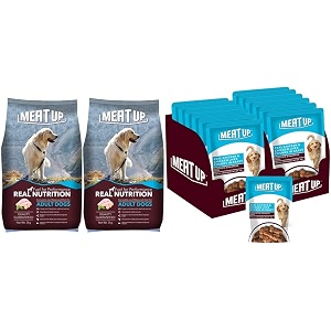 meat up adult dog food 3 kg buy 1 get 1 free amp wet dog food real chicken and chicken liver chunks in gravy 6 pouches 6 x 70g - buy 1 get 1 free