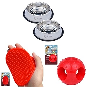 meat up stainless steel dog feeding bowl - 850 ml buy 1 get 1 free amp bathing and grooming hand brush with rubber bristles for dogs and cats amp non-toxic rubber hole ball chew toy