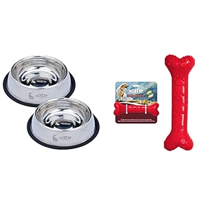 meat up stainless steel dog feeding bowl - 850 ml buy 1 get 1 free amp non-toxic rubber dog chew bone toy puppydog teething toy medium - 5 inches