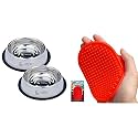 Meat Up Stainless Steel Dog Feeding Bowl - 850 ml (Buy 1 Get 1 Free) &amp; Bathing and Grooming Hand Brush with Rubber Bristles for Dogs and Cats