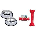 Meat Up Stainless Steel Dog Feeding Bowl - 850 Ml (Buy 1 Get 1 Free) &amp; Non-Toxic Rubber Dog Chew Bone Toy, Puppy/Dog Teething Toy (Large) - 8.5 Inches, 1 Piece