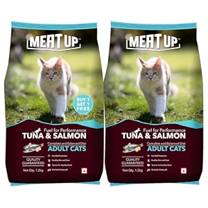 meat up adult dry cat food 2 x 12kg total 24kg  tuna amp salmon flavour  supports urinary ph balance  reduces hairball formation  promotes skin amp coat health  taurine for cardiac support
